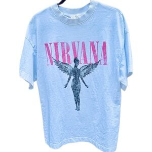 Nirvana Angel Graphic Oversized T-Shirt in White with Hot Pink Text.